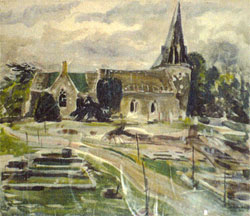 Rutherford's watercolour of the church after bomb damage in 1943